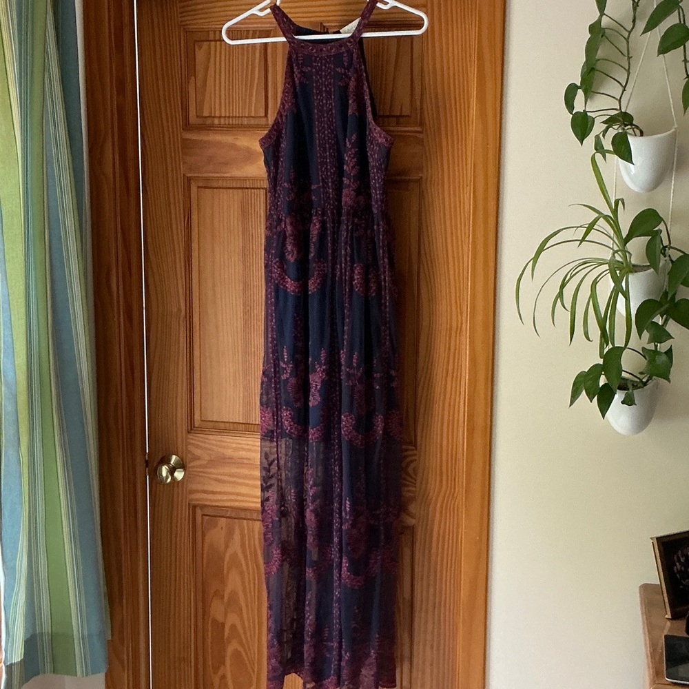 Navy and burgundy embroidered maxi dress